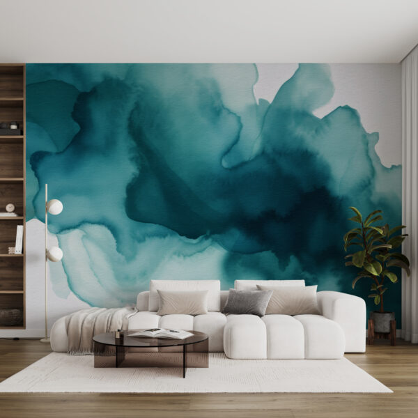 Turquoise inkt dwarrelt door het water Fotobehang Turquoise inkt dwarrelt door het water