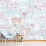 Fotobehang Fawns te midden van bloesems in pasteltinten