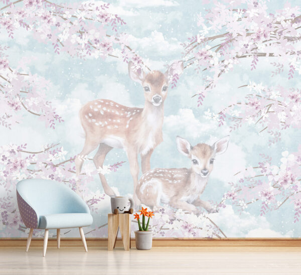 Fawns te midden van bloesems in pasteltinten Fotobehang Fawns te midden van bloesems in pasteltinten