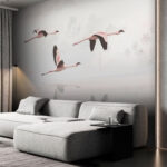 Fotobehang Groep flamingo's vliegend over water