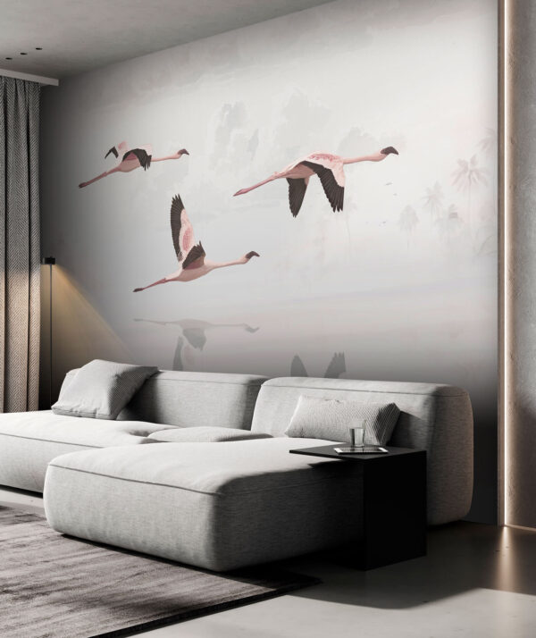 Groep flamingo's vliegend over water Fotobehang Groep flamingo's vliegend over water
