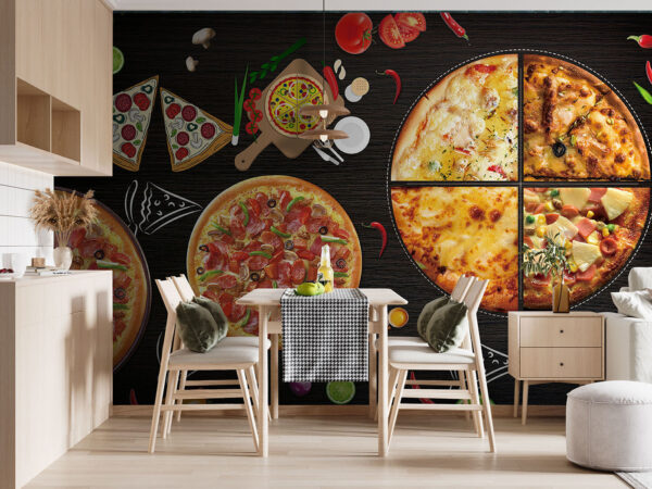 Heerlijke verscheidenheid aan pizza's Fotobehang Heerlijke verscheidenheid aan pizza's