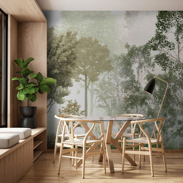 Nevelig bos met weelderig groen Fotobehang Nevelig bos met weelderig groen