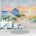 Fotobehang Aquarel van een zonsondergang boven een watermassa