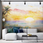 Fotobehang Aquarel van een strand met palmbomen en een zonsondergang