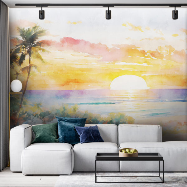 Aquarel van een strand met palmbomen en een zonsondergang Fotobehang Aquarel van een strand met palmbomen en een zonsondergang