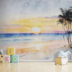 Fotobehang Aquarel van een strand met palmbomen en een zonsondergang