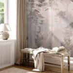 Fotobehang Nevelig bos met hoge bomen