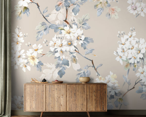 Delicaat bloemmotief op beige achtergrond Fotobehang Delicaat bloemmotief op beige achtergrond