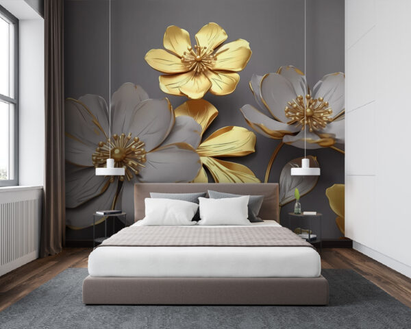 Elegante metalen bloemen op artistieke wijze afgebeeld Fotobehang Elegante metalen bloemen op artistieke wijze afgebeeld