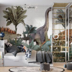 Fotobehang Dinosaurussen die door weelderig gebladerte zwerven.