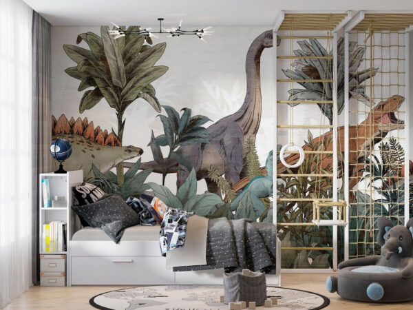 Dinosaurussen die door weelderig gebladerte zwerven Fotobehang Dinosaurussen die door weelderig gebladerte zwerven