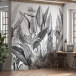 Fotobehang Tropische bladeren in monochrome illustratie