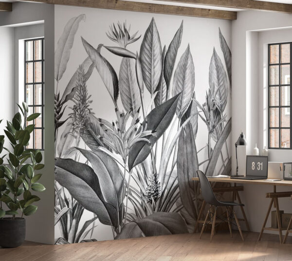 Tropische bladeren in monochrome illustratie Fotobehang Tropische bladeren in monochrome illustratie