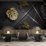 Fotobehang Elegante metallic bladeren op donkere tinten.