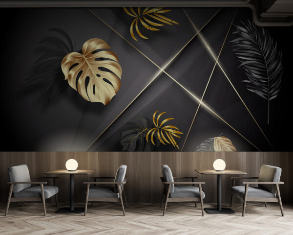 Fotobehang Fotobehang Elegante metallic bladeren op donkere tinten. (Artikelnummer: u96822)