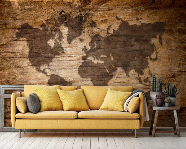 Kaart van de wereld op een stuk hout Fotobehang Kaart van de wereld op een stuk hout