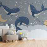 Fotobehang Blauwe vinvis met witte staart en sterren