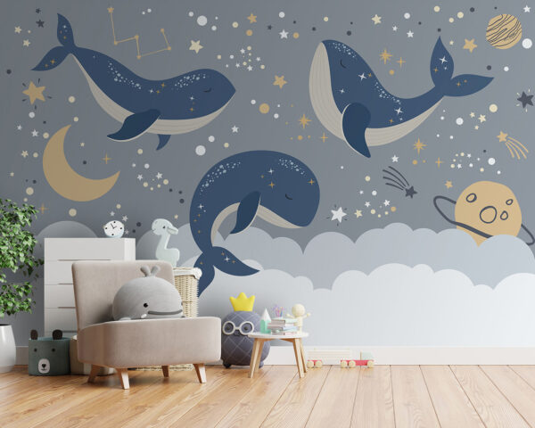 Blauwe vinvis met witte staart en sterren Fotobehang Blauwe vinvis met witte staart en sterren
