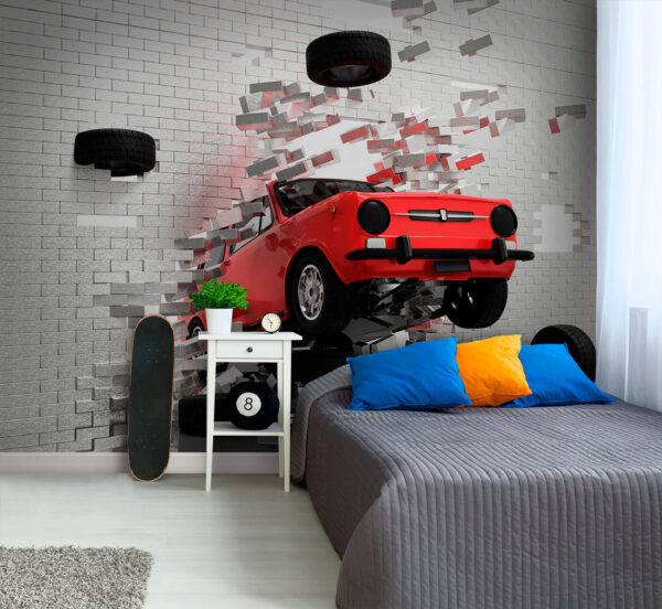 Auto crasht door bakstenen muur Fotobehang Auto crasht door bakstenen muur