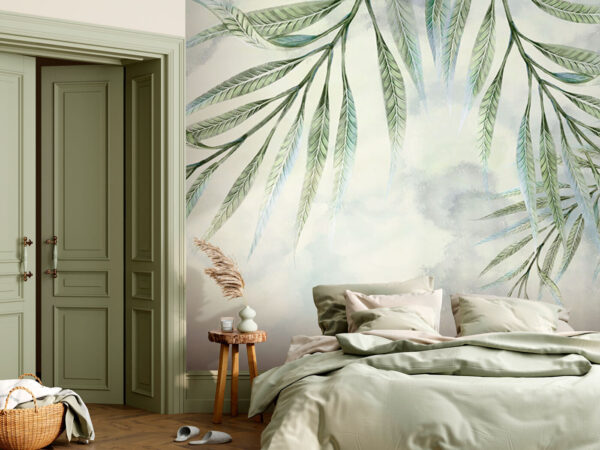 Elegante groene bladeren op pastelkleurige achtergrond Fotobehang Elegante groene bladeren op pastelkleurige achtergrond