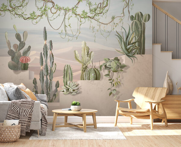 Woestijnplanten sieren zonnige trappen Fotobehang Woestijnplanten sieren zonnige trappen