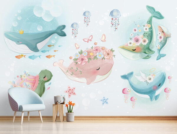 Roze walvis met bloemen op zijn hoofd Fotobehang Roze walvis met bloemen op zijn hoofd