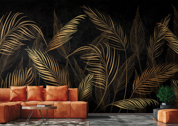 Elegante palmbladeren op donker canvas Fotobehang Elegante palmbladeren op donker canvas