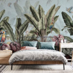 Fotobehang Behang met tropische planten en vogels