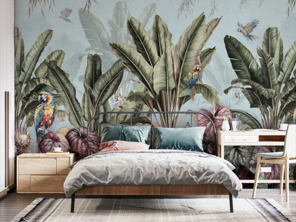 Behang met tropische planten en vogels Fotobehang Behang met tropische planten en vogels