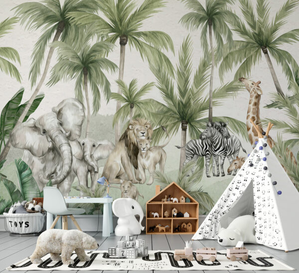 Jungle dieren onder de palmbomen Fotobehang Jungle dieren onder de palmbomen