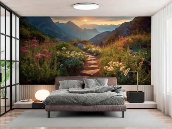 Bergpad bij zonsopgang, serene schoonheid Fotobehang Bergpad bij zonsopgang, serene schoonheid