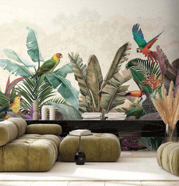 Tropisch paradijs met levendige vogels Fotobehang Tropisch paradijs met levendige vogels