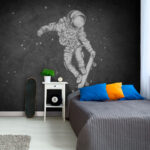 Fotobehang Astronaut skateboardt door de ruimte