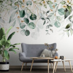 Fotobehang Botanisch aquarelgroen met bloemen.