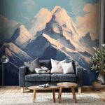 Fotobehang Berg met sneeuw en wolken