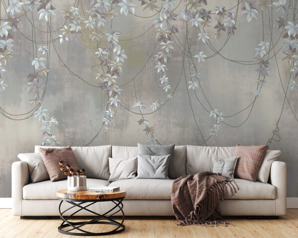 Fotobehang Delicate wijnranken en zachte bloemen verstrengeld