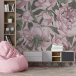 Fotobehang Vintage roze pioen bloemenpatroon.