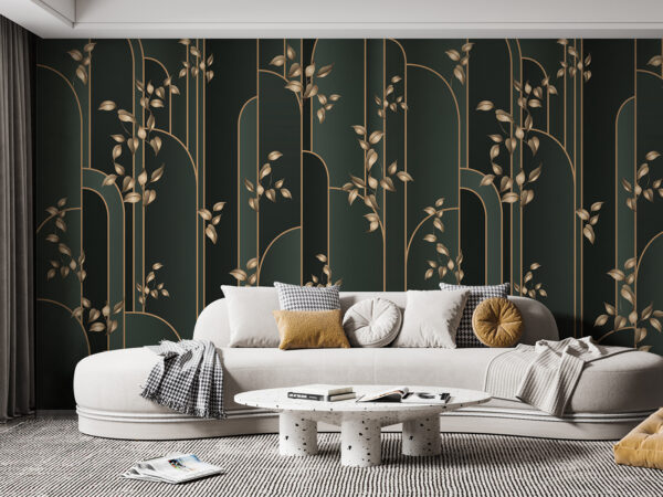 Elegante bladeren op donker gestreepte achtergrond Fotobehang Elegante bladeren op donker gestreepte achtergrond