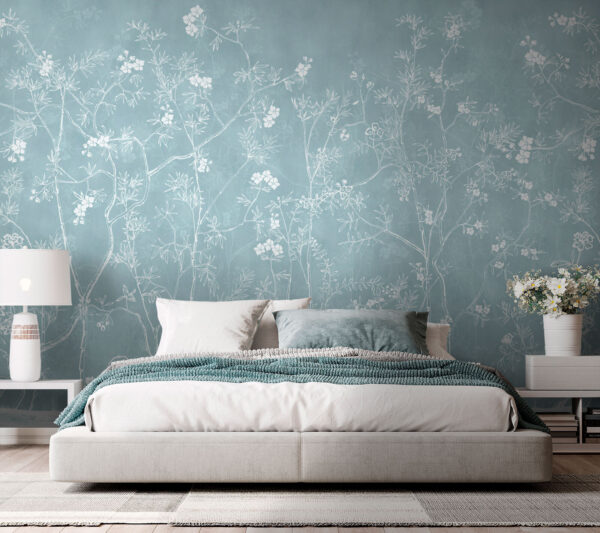 Witte bloemen op een blauwe achtergrond Fotobehang Witte bloemen op een blauwe achtergrond