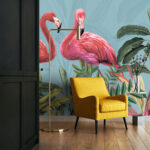 Fotobehang Tropische flamingo's tussen weelderig gebladerte.