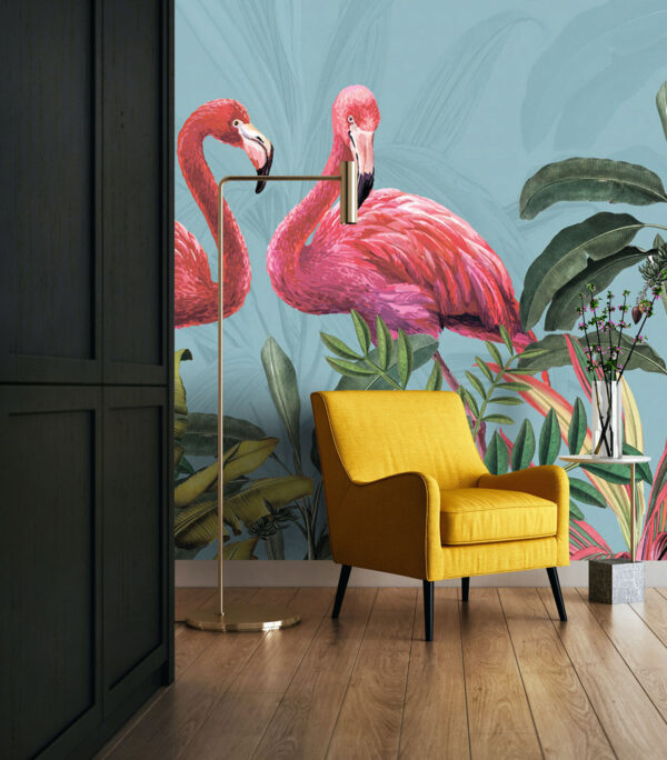 Tropische flamingo's tussen weelderig gebladerte Fotobehang Tropische flamingo's tussen weelderig gebladerte