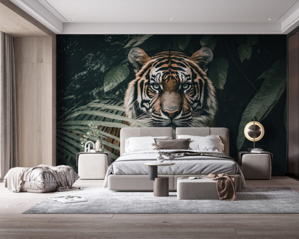 Tijger verborgen tussen gebladerte in de jungle Fotobehang Tijger verborgen tussen gebladerte in de jungle