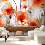 Fotobehang Doorschijnende bloemen met een levendig oranje hart.