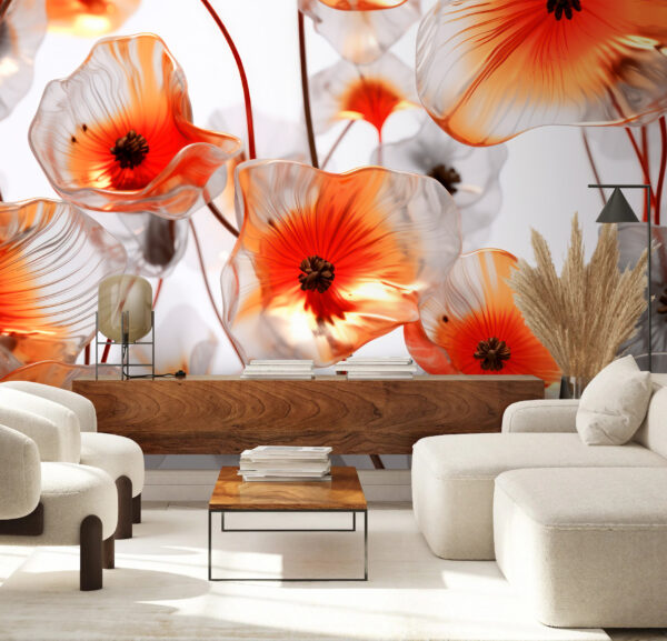 Doorschijnende bloemen met een levendig oranje hart Fotobehang Doorschijnende bloemen met een levendig oranje hart