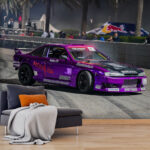 Fotobehang Paarse auto drift op het circuit.