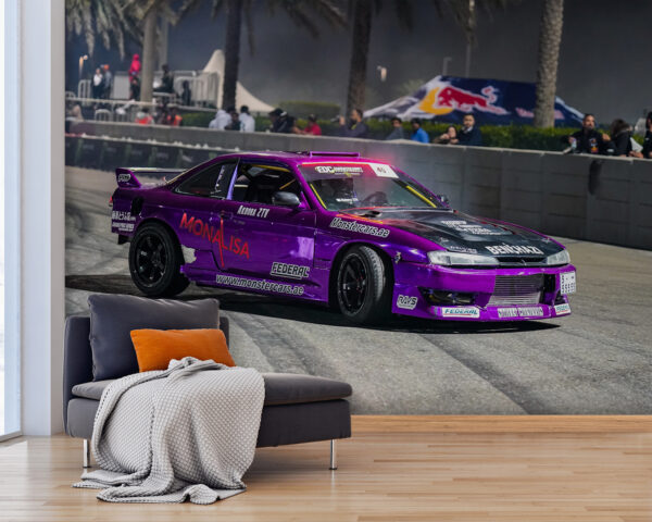 Paarse auto drift op het circuit Fotobehang Paarse auto drift op het circuit