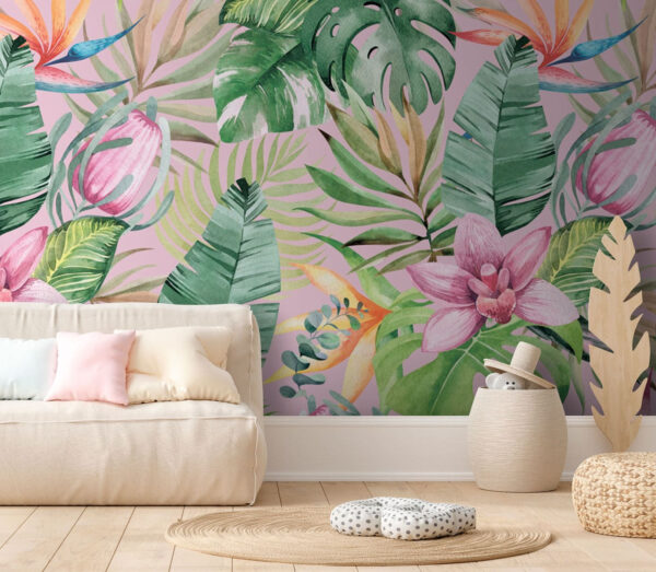 Patroon van tropische bladeren en bloemen Fotobehang Patroon van tropische bladeren en bloemen