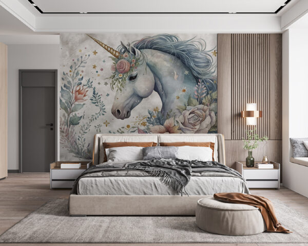 Betoverende eenhoorn versierd met bloemen Fotobehang Betoverende eenhoorn versierd met bloemen