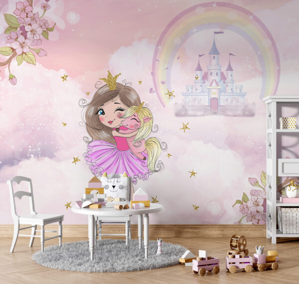 Cartoon van een meisje dat een eenhoorn knuffelt Fotobehang Cartoon van een meisje dat een eenhoorn knuffelt